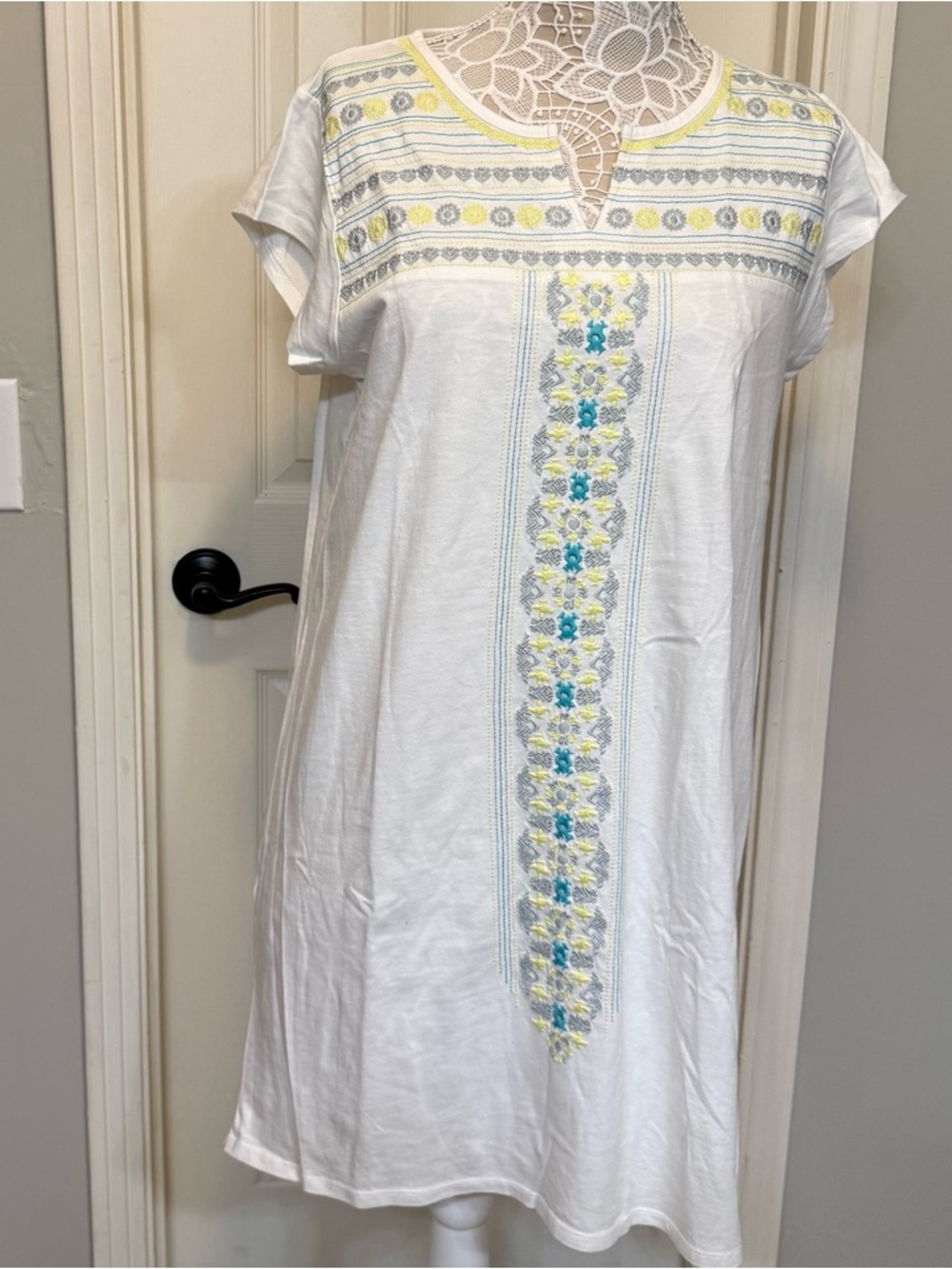 fresh produce White Cotton Mini Dress with Yellow & Blue Embroidery